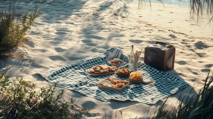 Wall Mural - A picnic blanket laid out on a sandy beach with food and a cooler.