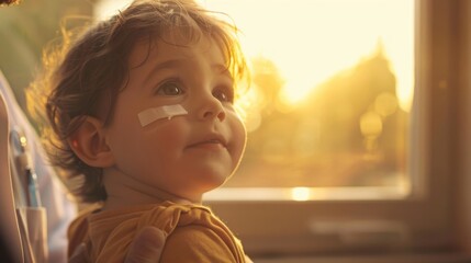 A joyful child gazes out the window during sunset, capturing the essence of wonder and innocence in a warm, golden light.