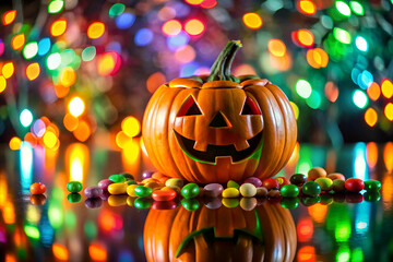 A pumpkin with a smiley face on it is sitting on a table with a bunch of candy