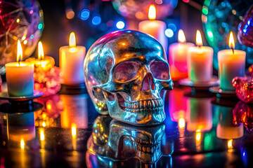 A skull is sitting on a table with candles and other objects. The skull is surrounded by a colorful and vibrant atmosphere, with the candles casting a warm glow. Concept of mystery and intrigue