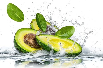 Poster - Fresh avocado with leaves, surrounded by water droplets