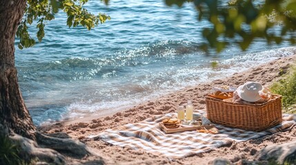 Wall Mural - A wicker basket filled with bread and a white hat sits on a blanket on a sandy beach with the ocean in the background.