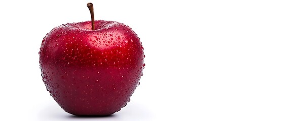 A single red apple with water droplets on a white background.