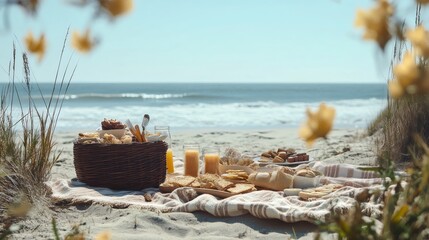 A picnic spread on a sandy beach with a wicker basket filled with food and a blanket spread out. There are two glasses of orange juice, bread, and other snacks. The ocean is visible in the background.