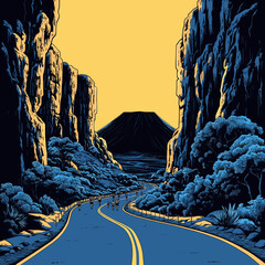 Dramatic road winding through a canyon towards a distant volcano, surrounded by blue foliage under a yellow sky, surreal landscape