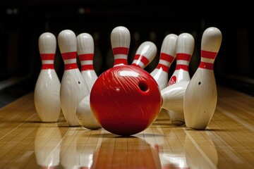 Wall Mural - A red bowling ball sits at the end of a bowling alley, ready for play