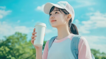 Wall Mural - A beautiful Japanese woman is drinking water from the glass outdoors. Portrait. close up view