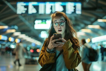 Wall Mural - A woman wearing glasses looks at her smartphone