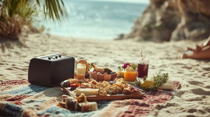 Wall Mural - A summer picnic on the beach with a speaker playing music, food, drinks, and a blanket.