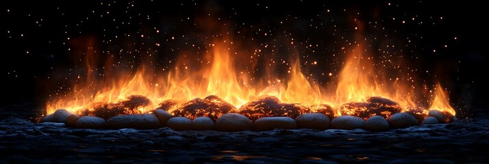 Wall Mural - A close up of fire burning on a bed of hot coals with sparks flying up into the black night.