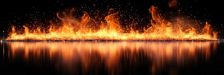 Wall Mural - A blazing fire reflected in still water with black background.