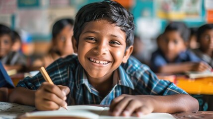 A young boy sitting at a desk in a typical classroom setting, smiling and focused on his work