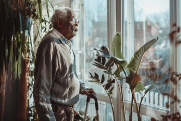 Poster - A person leaning on a cane beside a window, possibly in need of support or assistance