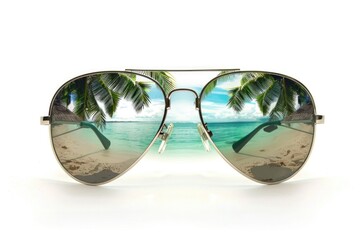 Canvas Print - Sunglasses reflecting the sun and tropical beach scenery