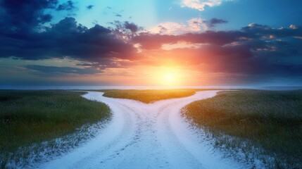 Wall Mural - Snowy Road Splits at Sunset