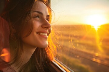 Poster - A person gazes out of a train window as the sun sets, a moment of contemplation and observation