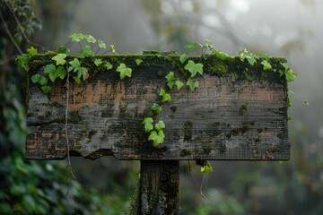 Wall Mural - A wooden sign with a plant sprouting out from the top, suggesting growth and renewal