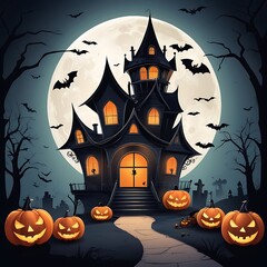 A poster for Halloween with bats and the Haunted House on white background, dark haunted house with illuminated windows at spooky misty dark Halloween night