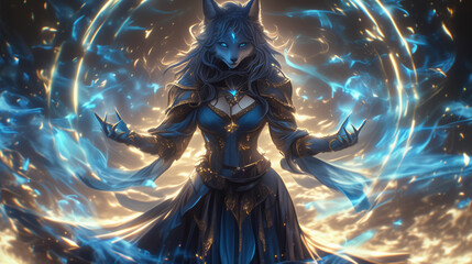 mystical wolf beastfolk sorceress casting a powerful spell with swirling blue magic and glowing eyes in a dark atmosphere