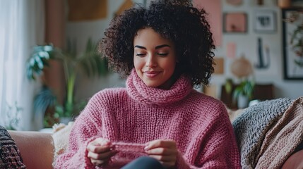 Young woman knitting in a cozy pink sweater for breast cancer awareness month