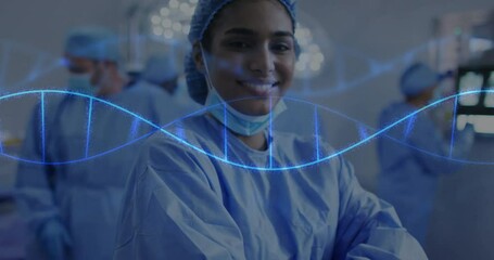 Wall Mural - Animation of dna strand over biracial female surgeon