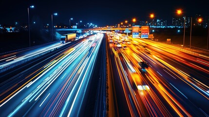 A busy highway at night with long lines of cars and trucks, their headlights creating streaks of light, capturing the fast-paced nature of road transportation, with city lights in the background and t