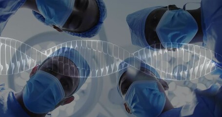 Wall Mural - Animation of dna strand spinning over diverse suergeons