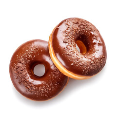 Donut or Doughnut. Two Donuts or Doughnuts with chocolate brown glazed cream or icing without sprinkles. , isolated on white background