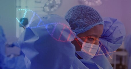 Wall Mural - Animation of dna strand over biracial female surgeon