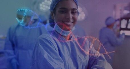Wall Mural - Animation of dna strand over biracial female surgeon