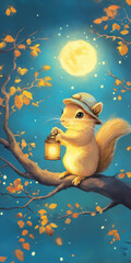 Wall Mural - Squirrel on a Branch with a Lantern, Staring at the Moon
