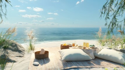 Romantic beach picnic with champagne, snacks, and pillows on a white sand beach.