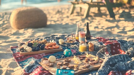 Wall Mural - Picnic on the beach with food and drinks spread out on a blanket.