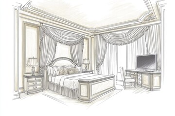 An illustration depicting hand-drawn sketches of a bedroom interior with artistic graphics and design elements