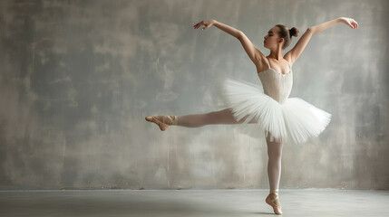 Ballerina striking a poised arabesque in a white tutu against a muted gray background. Her elegance and control emphasize the discipline of ballet