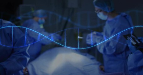 Wall Mural - Animation of dna strands over diverse surgeons