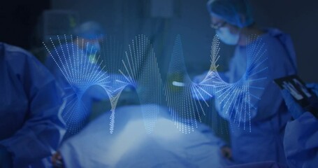 Wall Mural - Animation of dna strands over diverse surgeons