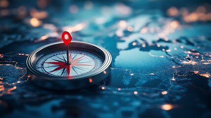Wall Mural - a modern compass with red pins highlighting destinations on a map, surrounded by a dreamy blue bokeh