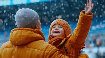 A man and child in orange jackets standing on a field, AI