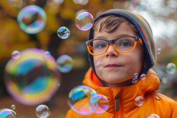 A boy wearing bright orange glasses and a warm jacket stands surrounded by floating bubbles, smiling happily during autumn outdoors.