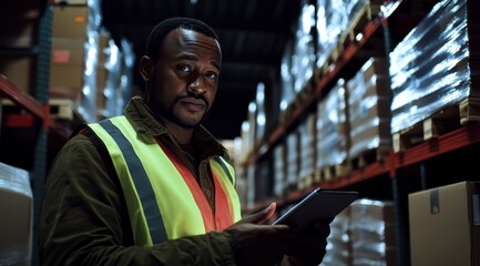 Wall Mural - A warehouse worker with a tablet in hand taking notes, against a backdrop of a lighted warehouse