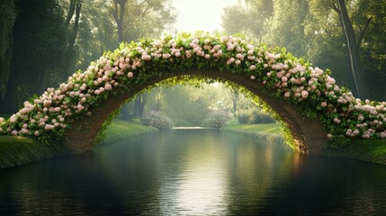 Poster - A bridge over a river with flowers growing on it, AI