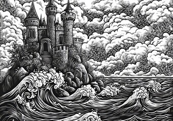 Seascape drawn in line art, depicting a fortress perched on a rock, with intricate details and classical artistic style