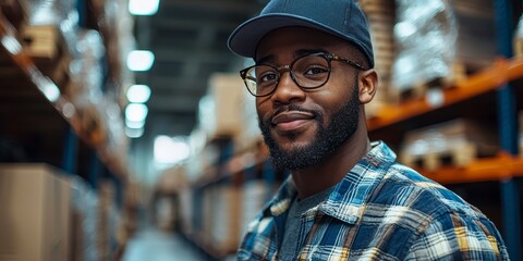 A warehouse worker with a tablet in hand taking notes, against a backdrop of a lighted warehouse