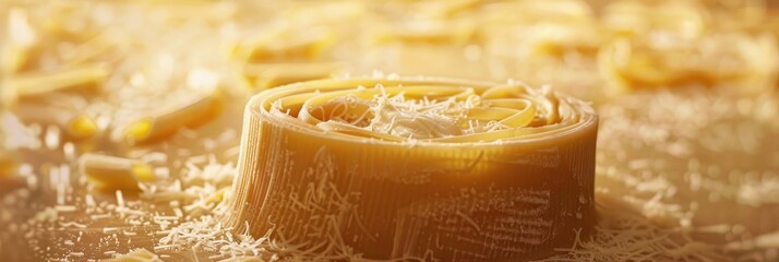 Wall Mural - Linguine Pasta with Cream Cheese Prepared in a Large Wheel of Parmesan Cheese, Ready for Serving