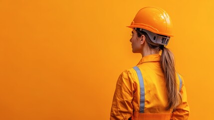 Construction worker in orange helmet standing against a vibrant yellow wall