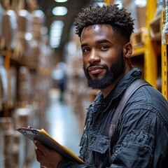 Wall Mural - A warehouse worker with a tablet in hand taking notes, against a backdrop of a lighted warehouse