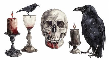 watercolor illustration of A skull, a raven, a candle and a glass of blood, halloween concept