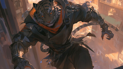 tiger beastfolk warrior leaping between buildings in a high-intensity chase scene, claws out and determination visible, navigating urban landscapes