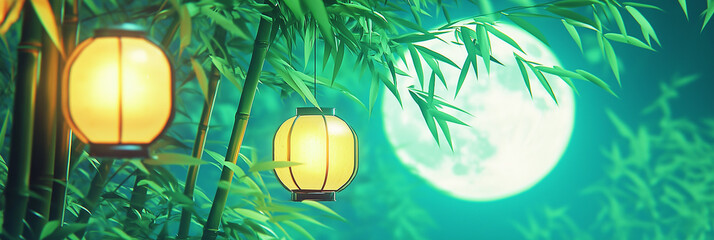 A modern bamboo forest with moonlight and stylish lanterns, shinese themed background